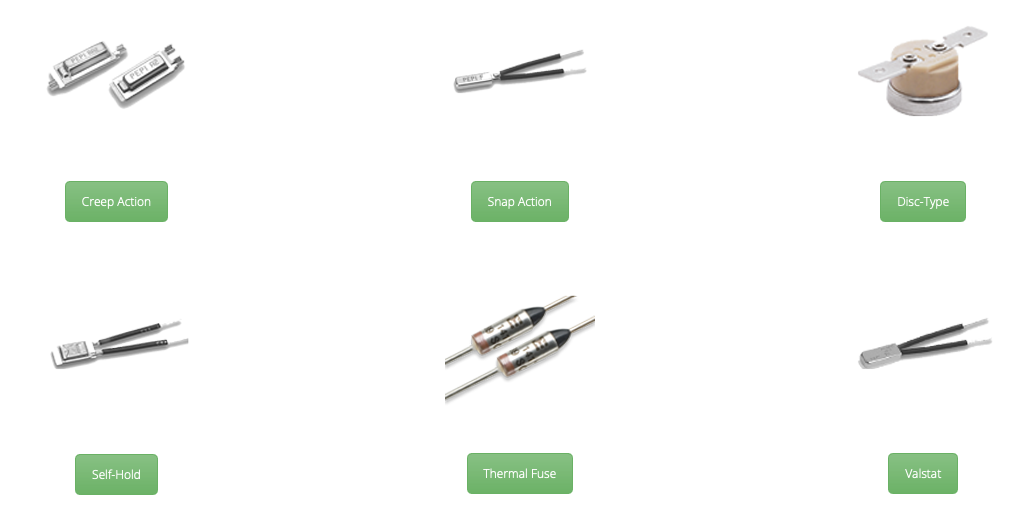 PEPI product lineup &mdash; bimetallic thermal controls, creep-action and snap-action